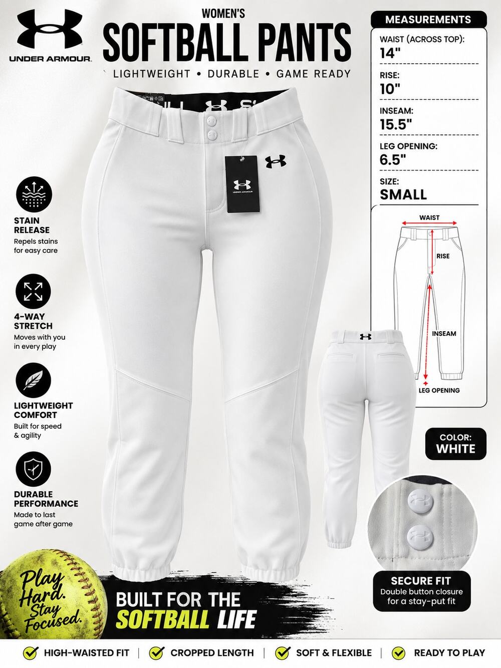 UNDER ARMOUR WOMEN’S UTILITY SOFTBALL PANTS – WHITE – SIZE SMALL – NWT